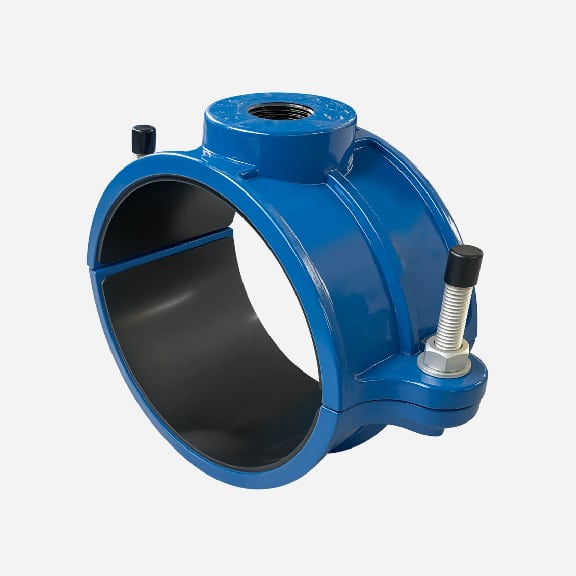 Cast iron saddle clamp for HDPE pipe and PVC pipe, with BSP, NPT, CC etc thread outlet economical type