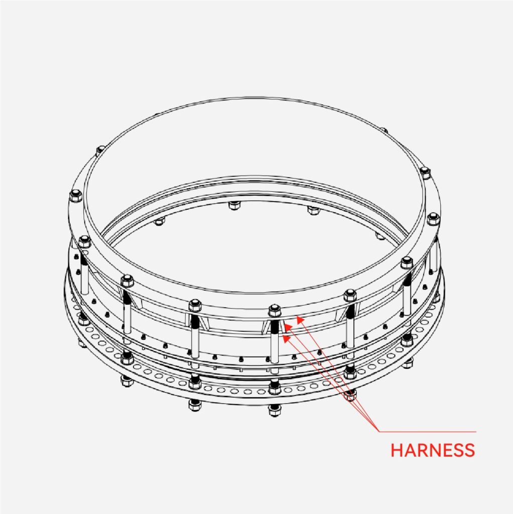FLANGE ADAPTOR WITH HARNESS TO AVOID PIPE MOVEMENT