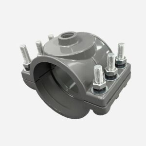 PVC saddle clamp for PVC pipe, with thread outlet