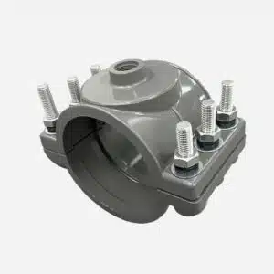 PVC saddle clamp for PVC pipe, with thread outlet