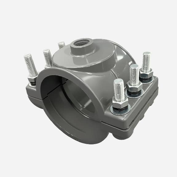 PVC saddle clamp for PVC pipe, with thread outlet