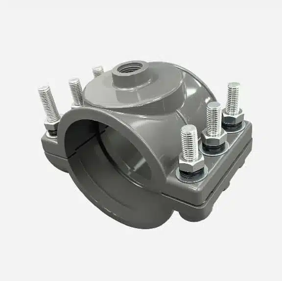 PVC saddle clamp for PVC pipe, with thread outlet