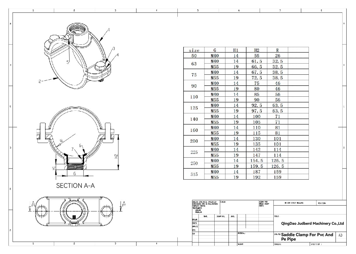 SADDLE CLAMP FOR PVC AND PE PIPE DRAWING