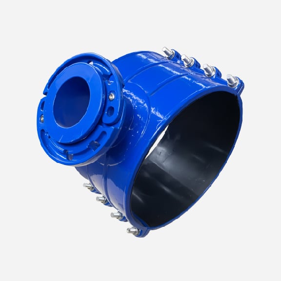 Saddle clamp for HDPE and PVC pipe with loose flange outlet