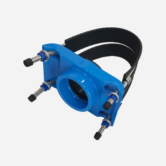 Universal saddle for ductile iron pipe, pvc pipe, steel pipe etc, thread outlet, double steel strips