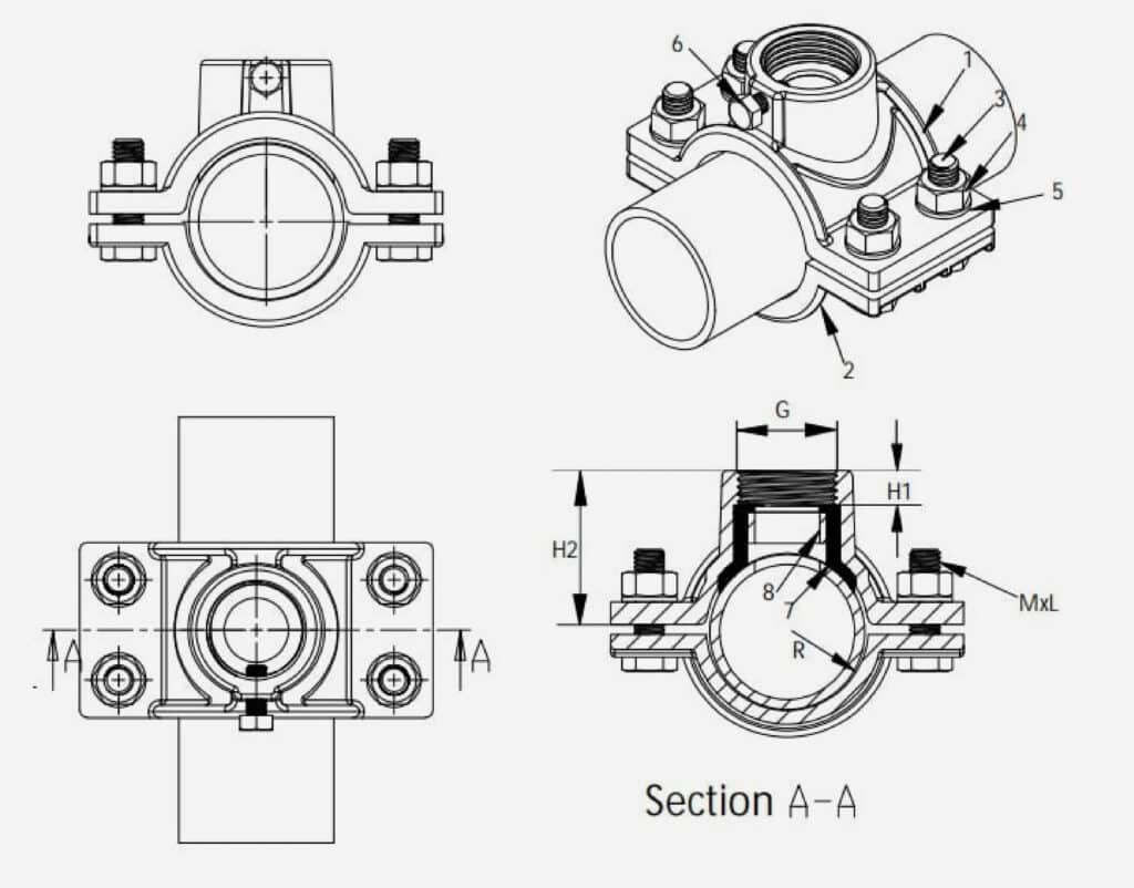 Saddle Clamp for PVC pipe with Metric Thread Outlet drawing
