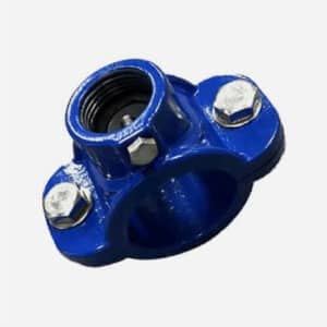 Saddle clamp for PE and PVC pipe, with metric thread outlet