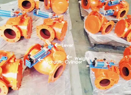check valve with lever and weight and hydraulic cylinder