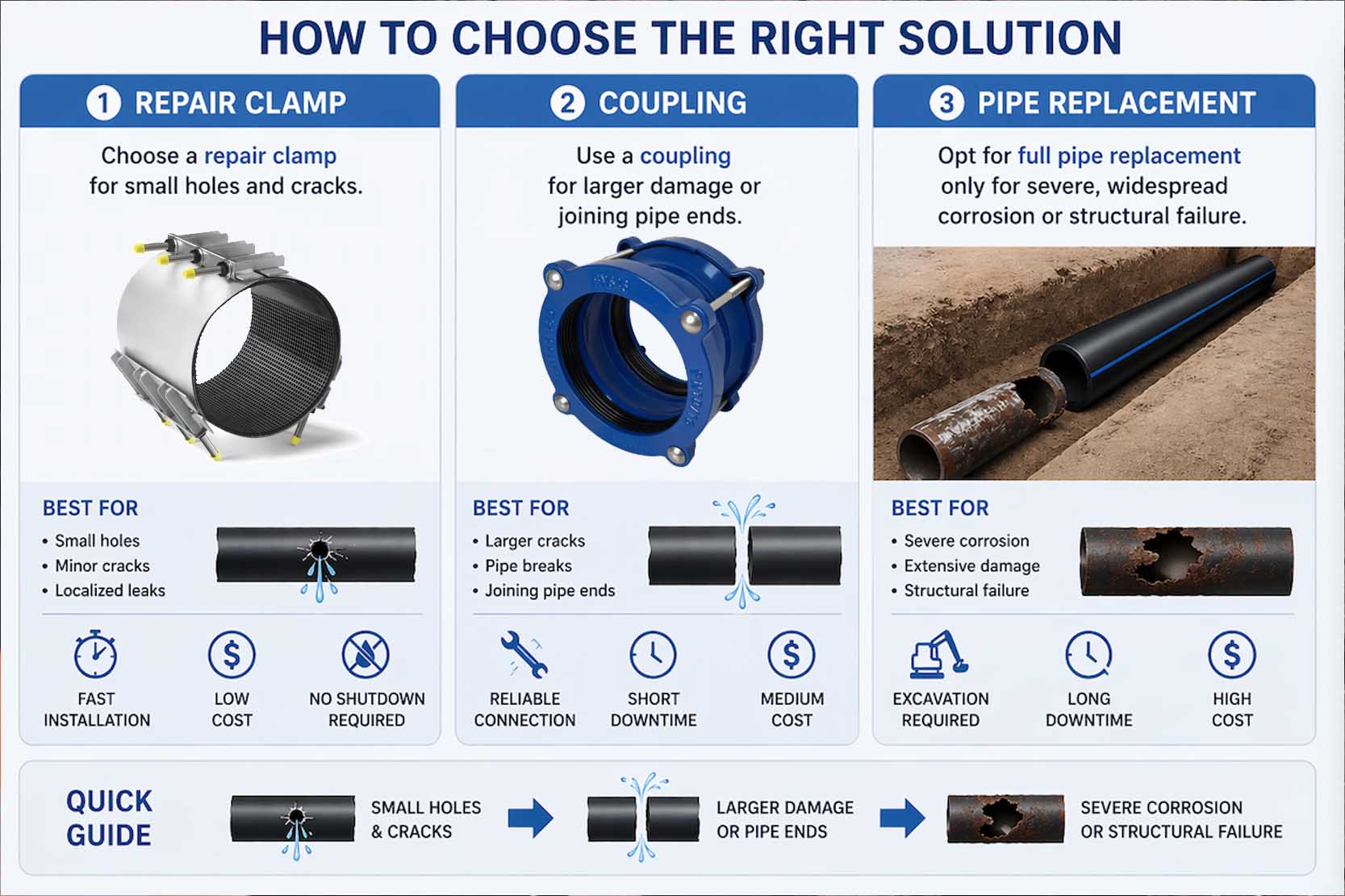 Comparison of a repair clamp, a coupling, and a new pipe section