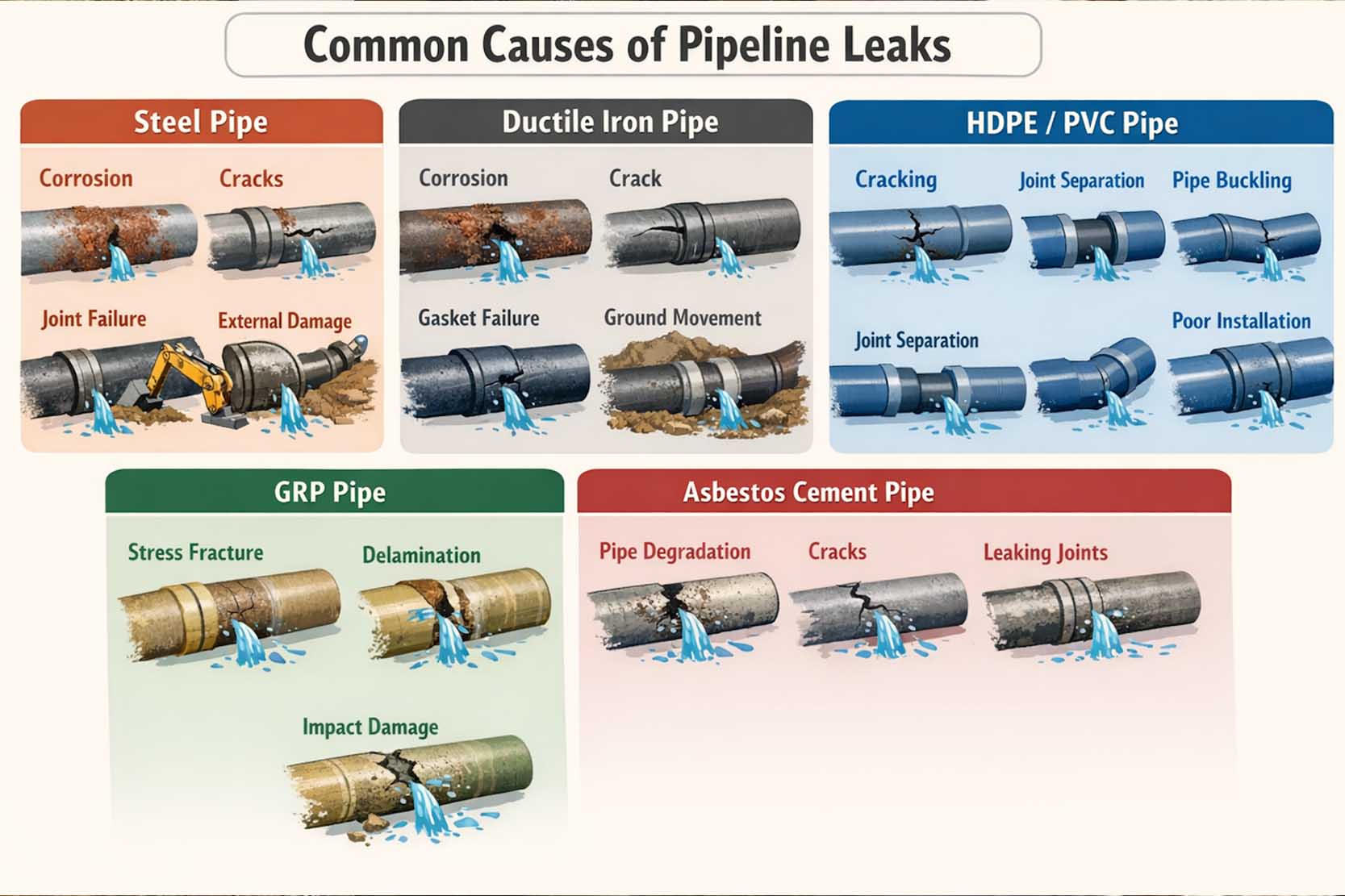 Diagram showing common causes of pipeline leaks like corrosion and cracks