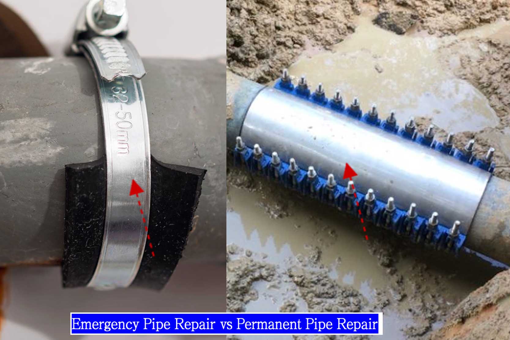 Comparison image showing a temporary patch versus a permanent stainless steel repair clamp