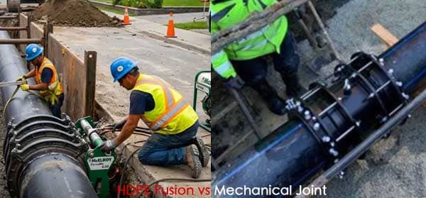 A side-by-side image of a butt fusion joint and a mechanical coupling