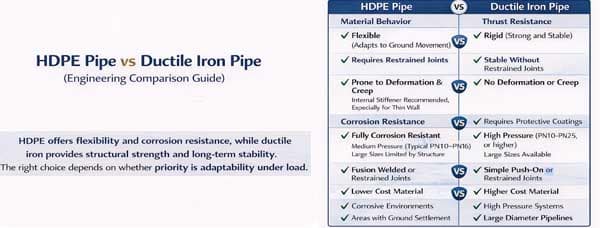 A comparison of HDPE pipe and a rigid ductile iron pipe