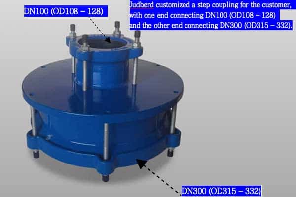 A custom step coupling connecting a large pipe to a much smaller pipe