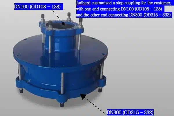 A custom step coupling connecting a large pipe to a much smaller pipe