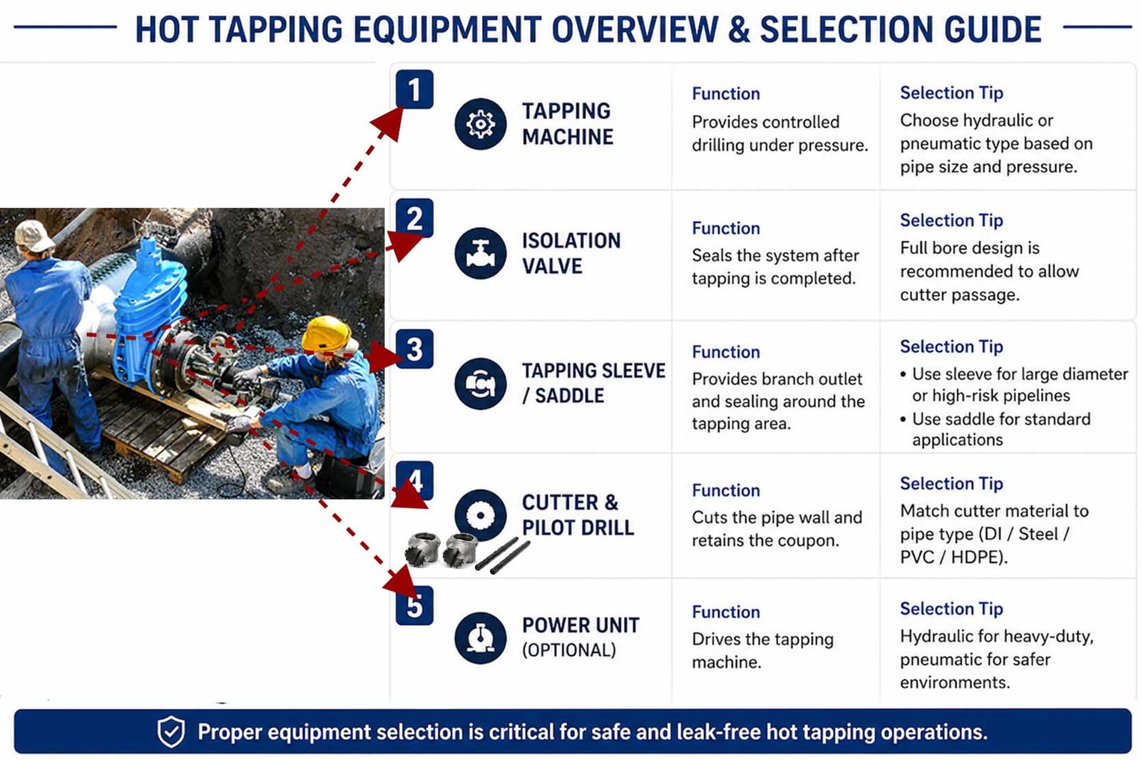A layout of all the required hot tapping tools and equipment