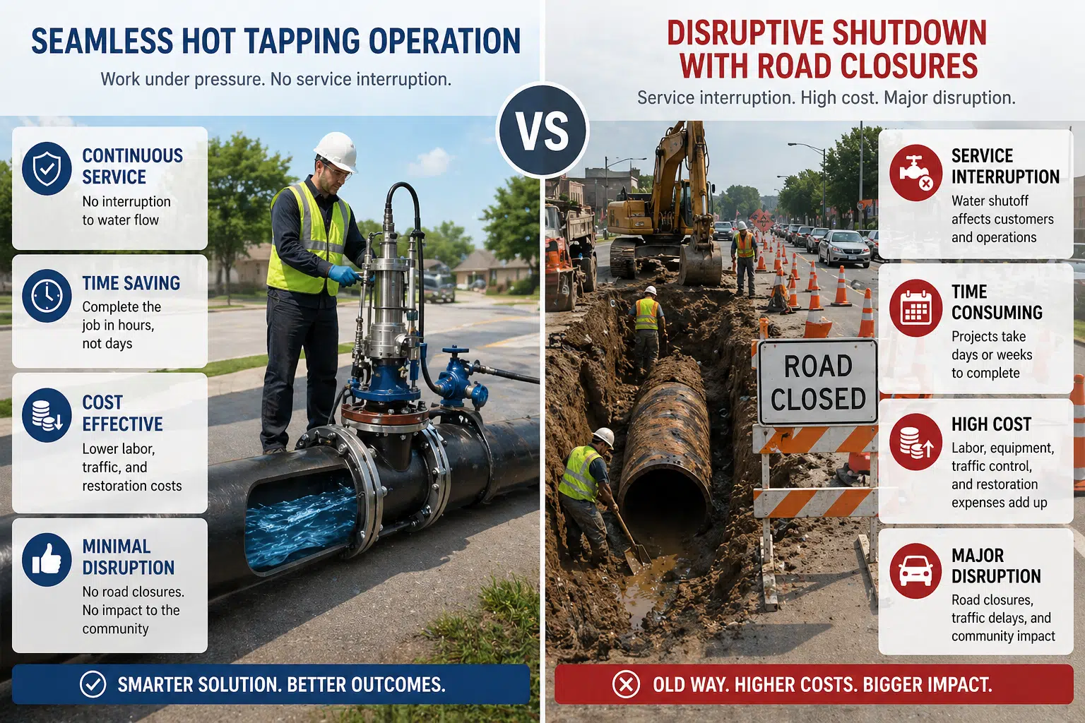 A split image showing a seamless hot tapping operation vs a disruptive shutdown with road closures