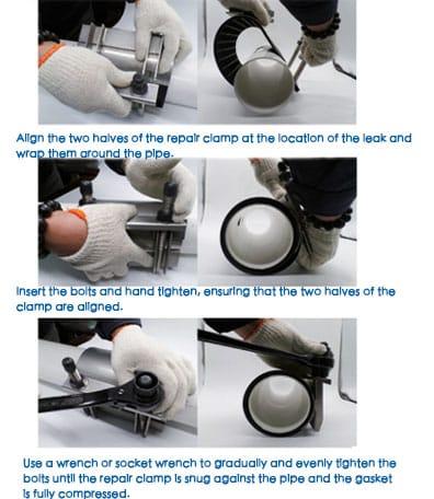 A step-by-step infographic on how to install a pipe repair clamp