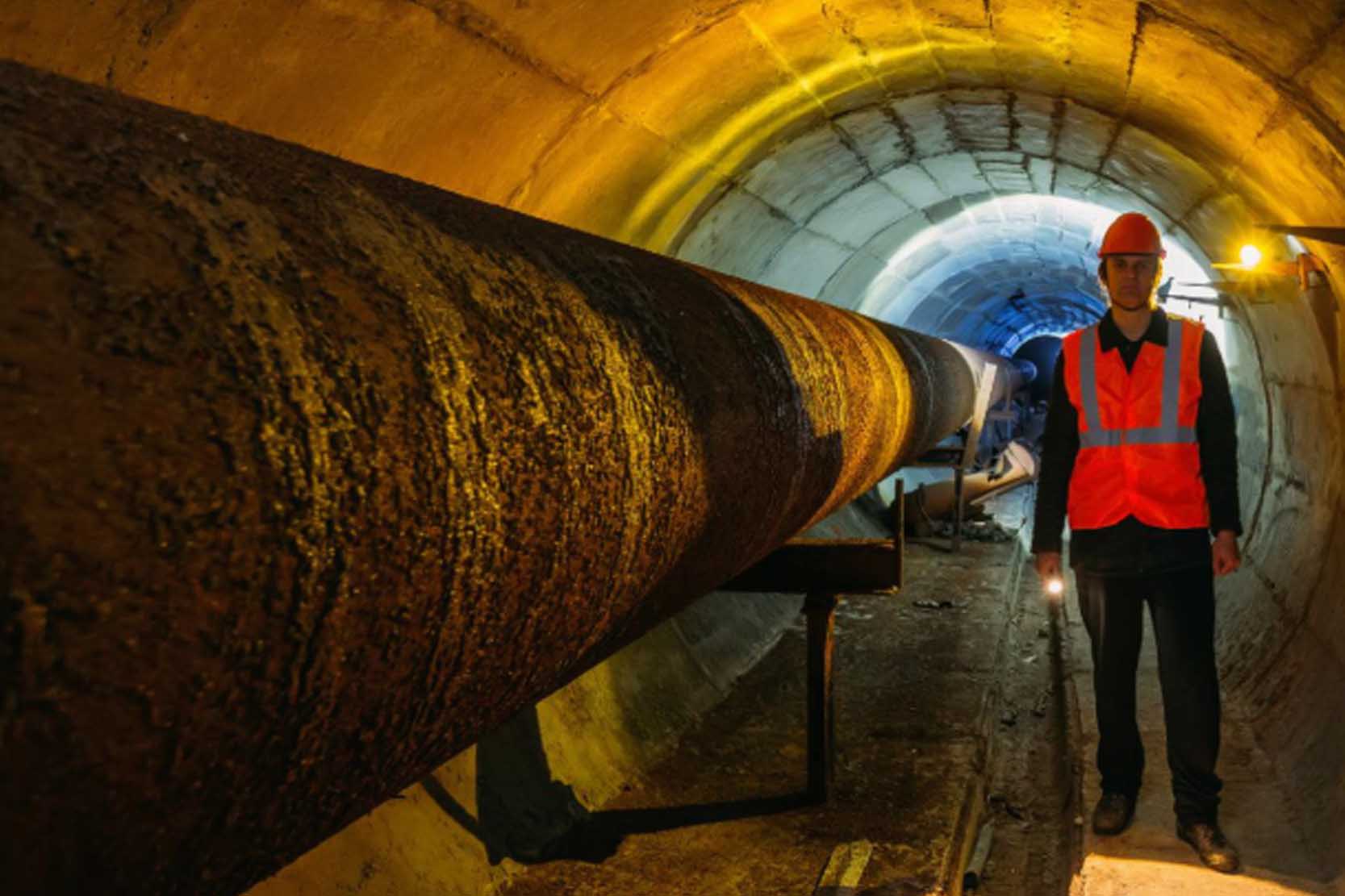 An engineer inspecting a pipe with a flashlight to find the leak source