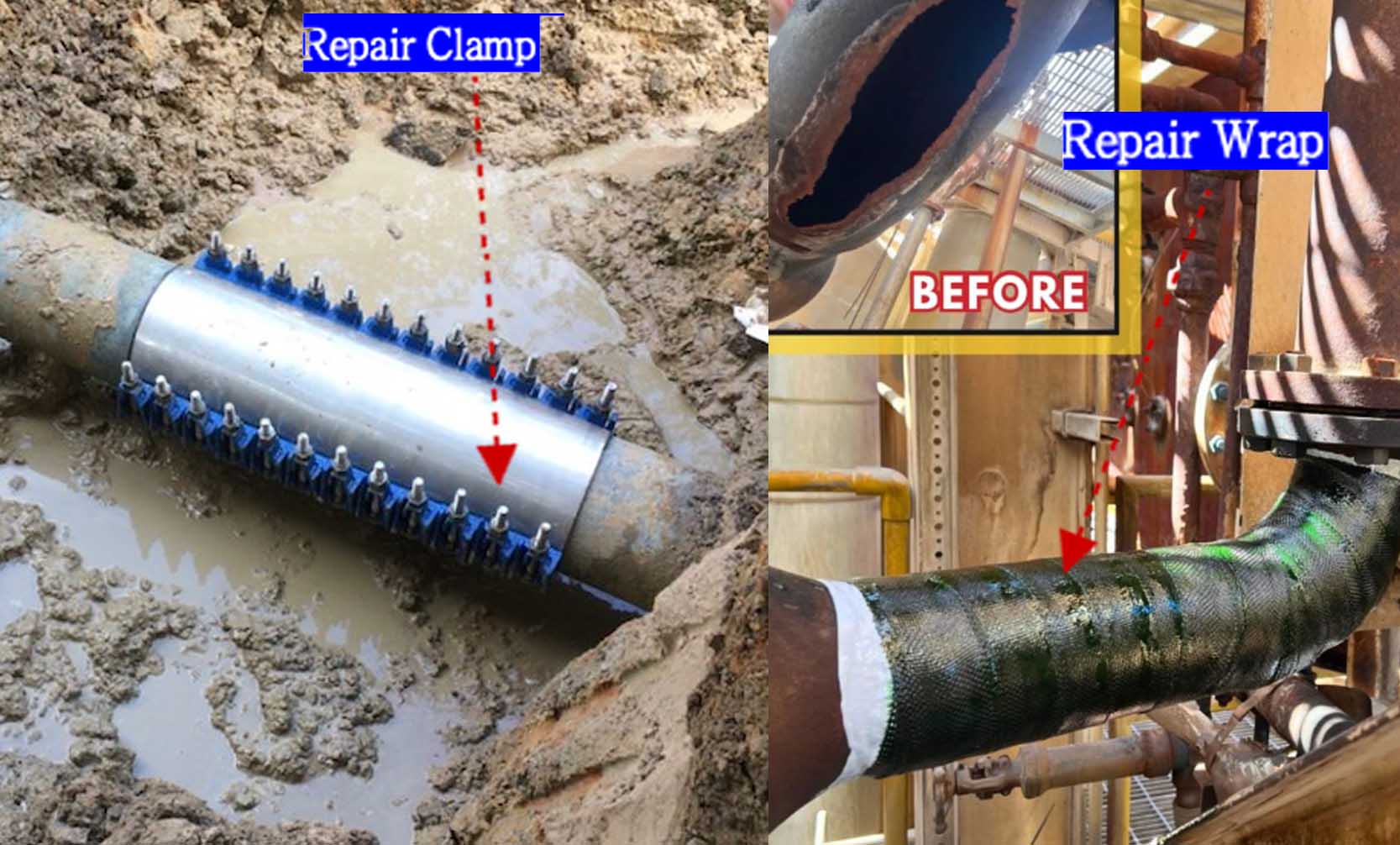 A comparison image showing a repair clamp, a repair wrap, and a new pipe section