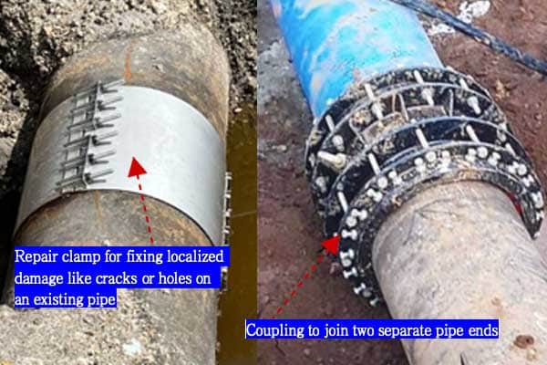 Side-by-side image of a repair clamp on a pipe and a coupling joining two pipe ends