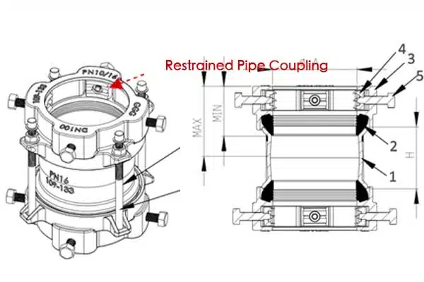 A restrained pipe coupling with visible gripping teeth