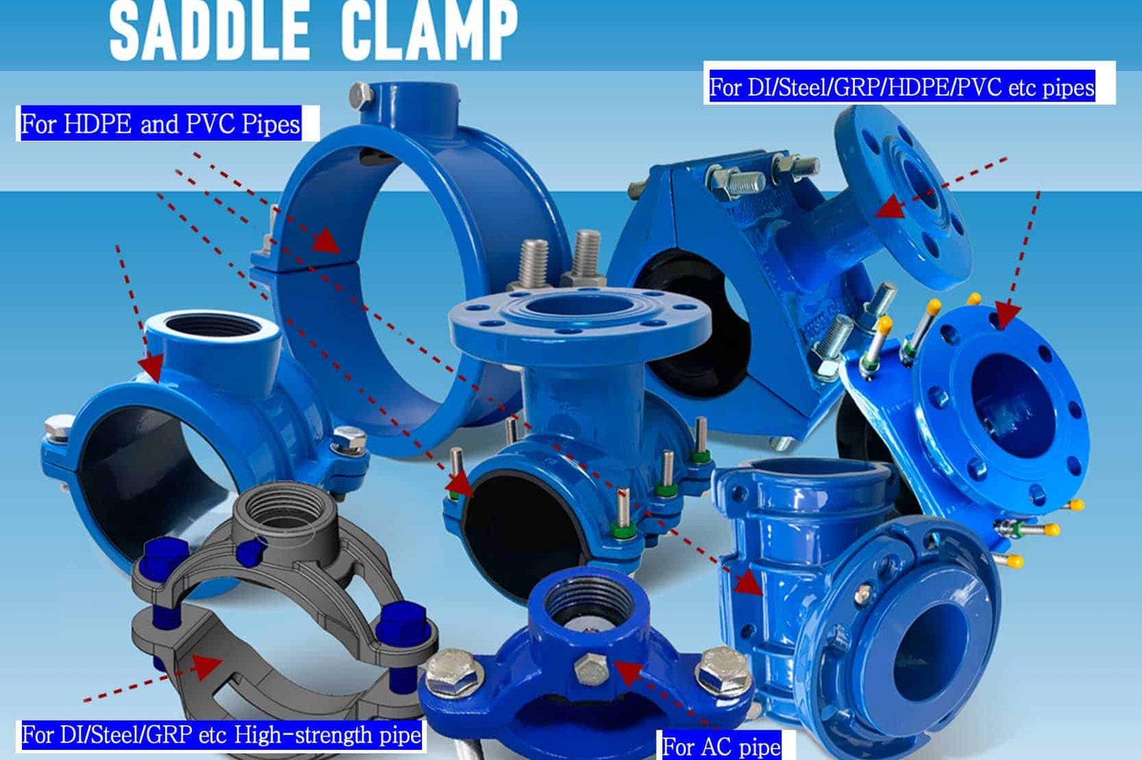 An assortment of tapping saddles for different pipe materials like DI, PVC, and HDPE