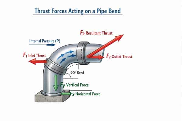 Diagram showing thrust forces acting on a pipe bend