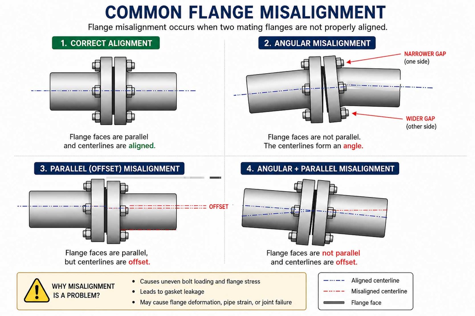 A diagram showing different types of flange misalignment like angular and parallel.